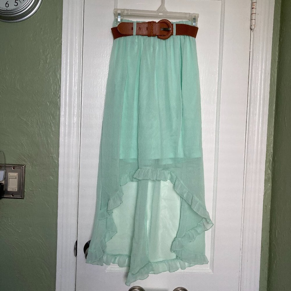 No Boundaries Turquoise Asymmetrical Skirt with brown belt